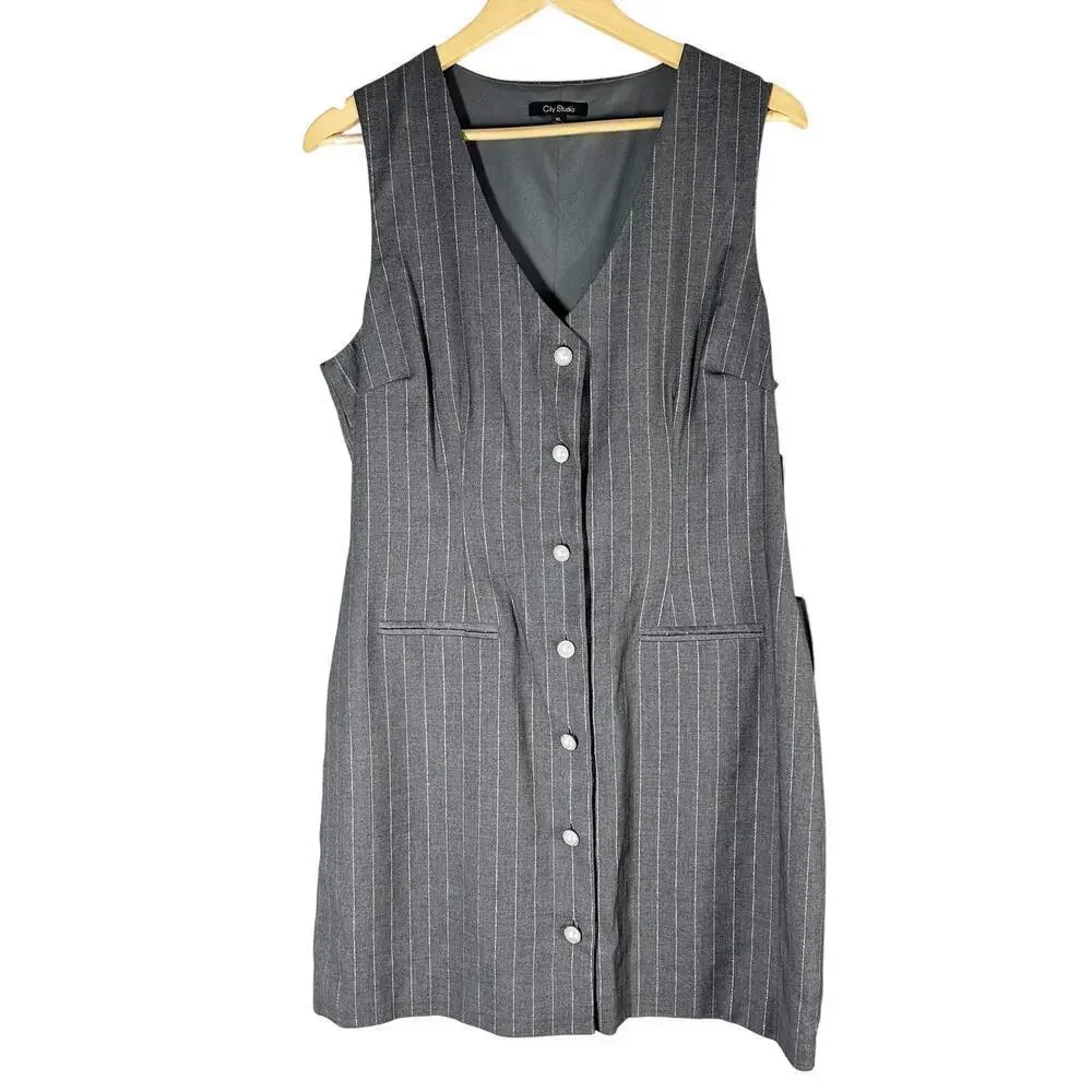 City Studios Juniors' Metallic-Striped Faux-Pearl-Button V-Neck Jacket Dress